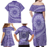 Tahitian Tiare Flower Family Matching Off Shoulder Maxi Dress and Hawaiian Shirt Violet Polynesian Pattern