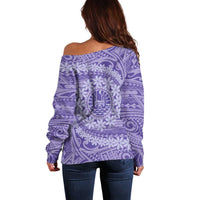 Tahitian Tiare Flower Off Shoulder Sweater Violet Polynesian Pattern