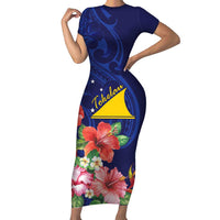 Personalised Tokelau Tropical Hibiscus Short Sleeve Bodycon Dress With Polynesian Plumeria Tattoo