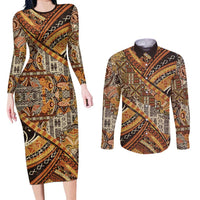 Hawaiian Style Tapa Couples Matching Long Sleeve Bodycon Dress and Long Sleeve Button Shirt Vintage Seamless Pattern - Polynesian Pride
