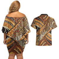 Hawaiian Style Tapa Couples Matching Off Shoulder Short Dress and Hawaiian Shirt Vintage Seamless Pattern - Polynesian Pride
