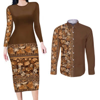 Hawaiian Tribal Elements Hibiscus Couples Matching Long Sleeve Bodycon Dress and Long Sleeve Button Shirt Gold Pattern - Polynesian Pride
