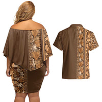 Hawaiian Tribal Elements Hibiscus Couples Matching Off Shoulder Short Dress and Hawaiian Shirt Gold Pattern - Polynesian Pride