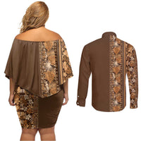Hawaiian Tribal Elements Hibiscus Couples Matching Off Shoulder Short Dress and Long Sleeve Button Shirt Gold Pattern - Polynesian Pride
