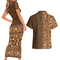 Hawaiian Tribal Elements Hibiscus Couples Matching Short Sleeve Bodycon Dress and Hawaiian Shirt Gold Pattern - Polynesian Pride