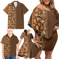 Hawaiian Tribal Elements Hibiscus Family Matching Off Shoulder Short Dress and Hawaiian Shirt Gold Pattern - Polynesian Pride