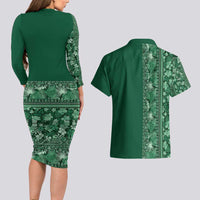 Hawaiian Tribal Elements Hibiscus Couples Matching Long Sleeve Bodycon Dress and Hawaiian Shirt Green Pattern - Polynesian Pride