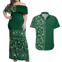 Hawaiian Tribal Elements Hibiscus Couples Matching Off Shoulder Maxi Dress and Hawaiian Shirt Green Pattern - Polynesian Pride