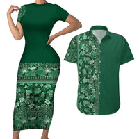 Hawaiian Tribal Elements Hibiscus Couples Matching Short Sleeve Bodycon Dress and Hawaiian Shirt Green Pattern - Polynesian Pride