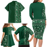 Hawaiian Tribal Elements Hibiscus Family Matching Long Sleeve Bodycon Dress and Hawaiian Shirt Green Pattern - Polynesian Pride