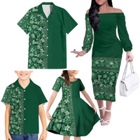 Hawaiian Tribal Elements Hibiscus Family Matching Off The Shoulder Long Sleeve Dress and Hawaiian Shirt Green Pattern - Polynesian Pride
