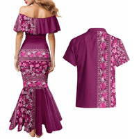 Hawaiian Tribal Elements Hibiscus Couples Matching Mermaid Dress and Hawaiian Shirt Pink Pattern - Polynesian Pride
