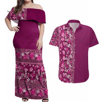 Hawaiian Tribal Elements Hibiscus Couples Matching Off Shoulder Maxi Dress and Hawaiian Shirt Pink Pattern - Polynesian Pride