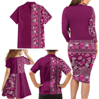 Hawaiian Tribal Elements Hibiscus Family Matching Long Sleeve Bodycon Dress and Hawaiian Shirt Pink Pattern - Polynesian Pride