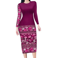 Hawaiian Tribal Elements Hibiscus Family Matching Long Sleeve Bodycon Dress and Hawaiian Shirt Pink Pattern - Polynesian Pride