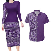 Hawaiian Tribal Elements Hibiscus Couples Matching Long Sleeve Bodycon Dress and Hawaiian Shirt Purple Pattern - Polynesian Pride