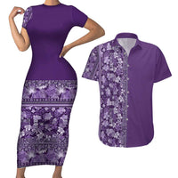 Hawaiian Tribal Elements Hibiscus Couples Matching Short Sleeve Bodycon Dress and Hawaiian Shirt Purple Pattern - Polynesian Pride