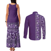 Hawaiian Tribal Elements Hibiscus Couples Matching Tank Maxi Dress and Long Sleeve Button Shirt Purple Pattern - Polynesian Pride