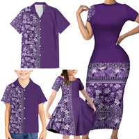 Hawaiian Tribal Elements Hibiscus Family Matching Short Sleeve Bodycon Dress and Hawaiian Shirt Purple Pattern - Polynesian Pride