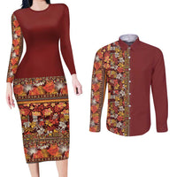 Hawaiian Tribal Elements Hibiscus Couples Matching Long Sleeve Bodycon Dress and Long Sleeve Button Shirt Red Pattern - Polynesian Pride