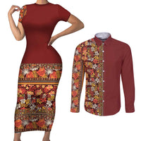 Hawaiian Tribal Elements Hibiscus Couples Matching Short Sleeve Bodycon Dress and Long Sleeve Button Shirt Red Pattern - Polynesian Pride