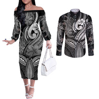 Polynesia Couples Matching Off The Shoulder Long Sleeve Dress and Long Sleeve Button Shirts Whale Tale and Polynesian Sunset Plumeria Black LT9 Black - Polynesian Pride