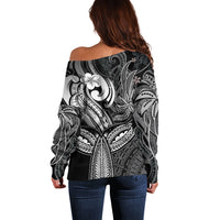 Polynesia Off Shoulder Sweater Whale Tale and Polynesian Sunset Plumeria Black LT9 - Polynesian Pride