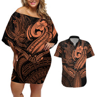 Polynesia Couples Matching Off Shoulder Short Dress and Hawaiian Shirt Whale Tale and Polynesian Sunset Plumeria Gold LT9 Gold - Polynesian Pride