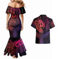 Polynesia Couples Matching Mermaid Dress and Hawaiian Shirt Whale Tale and Polynesian Sunset Plumeria Pink LT9 - Polynesian Pride