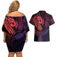 Polynesia Couples Matching Off Shoulder Short Dress and Hawaiian Shirt Whale Tale and Polynesian Sunset Plumeria Pink LT9 - Polynesian Pride