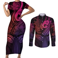 Polynesia Couples Matching Short Sleeve Bodycon Dress and Long Sleeve Button Shirts Whale Tale and Polynesian Sunset Plumeria Pink LT9 Pink - Polynesian Pride