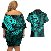 Polynesia Couples Matching Off Shoulder Short Dress and Hawaiian Shirt Whale Tale and Polynesian Sunset Plumeria Turquoise LT9 - Polynesian Pride