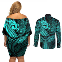 Polynesia Couples Matching Off Shoulder Short Dress and Long Sleeve Button Shirts Whale Tale and Polynesian Sunset Plumeria Turquoise LT9 - Polynesian Pride