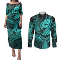Polynesia Couples Matching Puletasi Dress and Long Sleeve Button Shirts Whale Tale and Polynesian Sunset Plumeria Turquoise LT9 Turquoise - Polynesian Pride