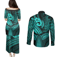 Polynesia Couples Matching Puletasi Dress and Long Sleeve Button Shirts Whale Tale and Polynesian Sunset Plumeria Turquoise LT9 - Polynesian Pride