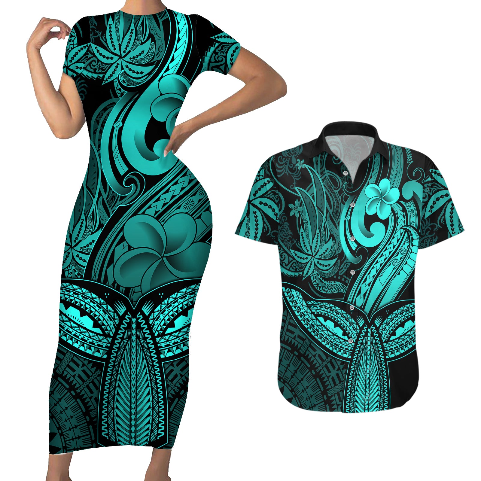 Polynesia Couples Matching Short Sleeve Bodycon Dress and Hawaiian Shirt Whale Tale and Polynesian Sunset Plumeria Turquoise LT9 Turquoise - Polynesian Pride