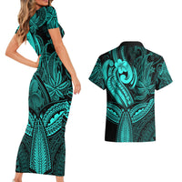 Polynesia Couples Matching Short Sleeve Bodycon Dress and Hawaiian Shirt Whale Tale and Polynesian Sunset Plumeria Turquoise LT9 - Polynesian Pride