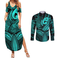 Polynesia Couples Matching Summer Maxi Dress and Long Sleeve Button Shirts Whale Tale and Polynesian Sunset Plumeria Turquoise LT9 Turquoise - Polynesian Pride
