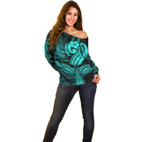 Polynesia Off Shoulder Sweater Whale Tale and Polynesian Sunset Plumeria Turquoise LT9 - Polynesian Pride