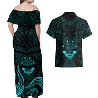 FSM Chuuk States Couples Matching Off Shoulder Maxi Dress and Hawaiian Shirt Micronesia Vintage Polynesian Tribal Aqua Version LT9 - Polynesian Pride
