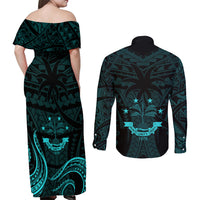FSM Chuuk States Couples Matching Off Shoulder Maxi Dress and Long Sleeve Button Shirts Micronesia Vintage Polynesian Tribal Aqua Version LT9 - Polynesian Pride