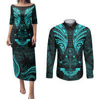 FSM Chuuk States Couples Matching Puletasi Dress and Long Sleeve Button Shirts Micronesia Vintage Polynesian Tribal Aqua Version LT9 Aqua - Polynesian Pride