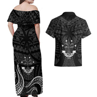 FSM Chuuk States Couples Matching Off Shoulder Maxi Dress and Hawaiian Shirt Micronesia Vintage Polynesian Tribal Black Version LT9 - Polynesian Pride