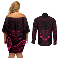 FSM Chuuk States Couples Matching Off Shoulder Short Dress and Long Sleeve Button Shirts Micronesia Vintage Polynesian Tribal Pink Version LT9 - Polynesian Pride