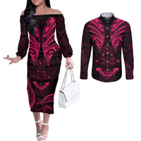 FSM Chuuk States Couples Matching Off The Shoulder Long Sleeve Dress and Long Sleeve Button Shirts Micronesia Vintage Polynesian Tribal Pink Version LT9 Pink - Polynesian Pride