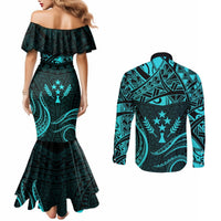 FSM Kosrae States Couples Matching Mermaid Dress and Long Sleeve Button Shirts Micronesia Vintage Polynesian Tribal Aqua Version LT9 - Polynesian Pride