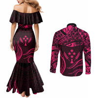 FSM Kosrae States Couples Matching Mermaid Dress and Long Sleeve Button Shirts Micronesia Vintage Polynesian Tribal Pink Version LT9 - Polynesian Pride