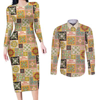 Mele Kalikimaka Hawaii Christmas Couples Matching Long Sleeve Bodycon Dress and Long Sleeve Button Shirt Melemele Mama Seamless Floral Motif - Polynesian Pride