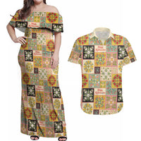 Mele Kalikimaka Hawaii Christmas Couples Matching Off Shoulder Maxi Dress and Hawaiian Shirt Melemele Mama Seamless Floral Motif - Polynesian Pride