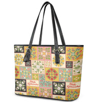 Mele Kalikimaka Hawaii Christmas Leather Tote Bag Melemele Mama Seamless Floral Motif - Polynesian Pride